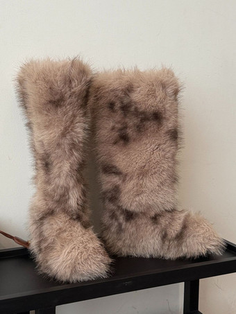 Faux Fur Boots Women's Round Toe Flat Knee High Boots