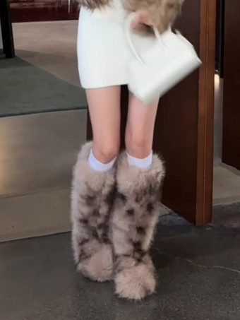Faux Fur Boots Women's Round Toe Flat Knee High Boots