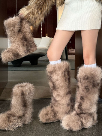Faux Fur Boots Women's Round Toe Flat Knee High Boots