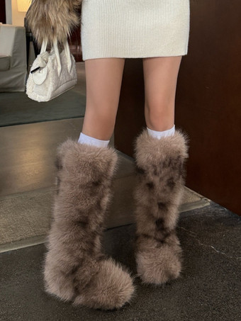 Faux Fur Boots Women's Round Toe Flat Knee High Boots