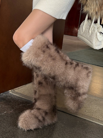 khaki Faux Fur Boots Women's Round Toe Flat Knee High Boots
