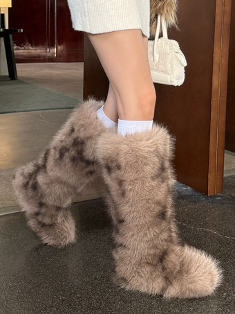 Faux Fur Boots Women's Round Toe Flat Knee High Boots