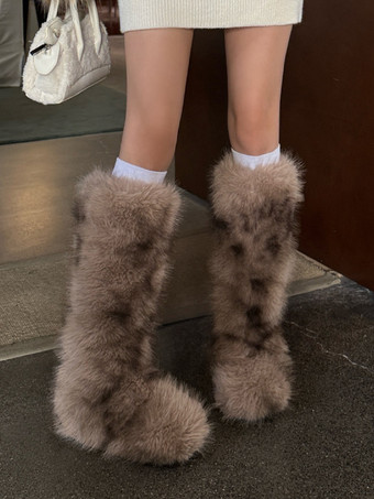 Faux Fur Boots Women's Round Toe Flat Knee High Boots