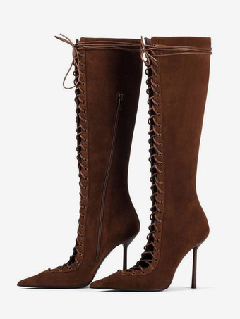 ブラウン ブラックニーハイブーツ レディース ポインテッドトゥ カットアウト レースアップ ハイヒールブーツ