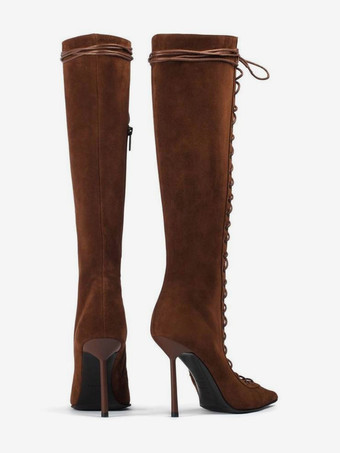 ブラックニーハイブーツ レディース ポインテッドトゥ カットアウト レースアップ ハイヒールブーツ