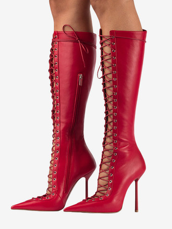 レッド ブラックニーハイブーツ レディース ポインテッドトゥ カットアウト レースアップ ハイヒールブーツ