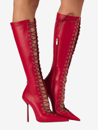 ブラックニーハイブーツ レディース ポインテッドトゥ カットアウト レースアップ ハイヒールブーツ