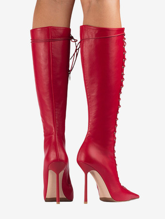 ブラックニーハイブーツ レディース ポインテッドトゥ カットアウト レースアップ ハイヒールブーツ