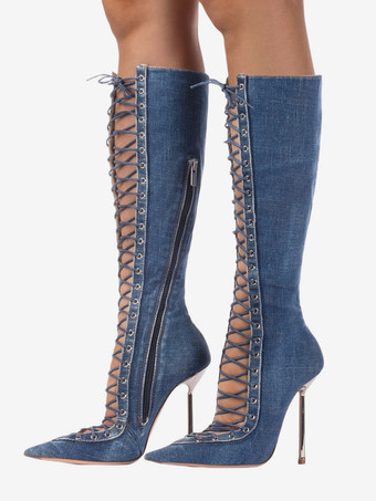 ブルー ブラックニーハイブーツ レディース ポインテッドトゥ カットアウト レースアップ ハイヒールブーツ