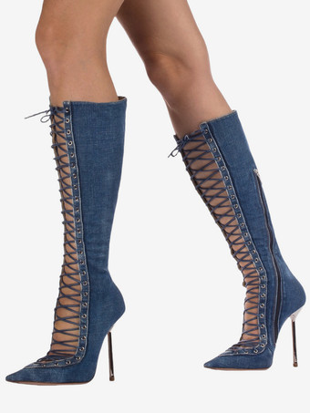 ブラックニーハイブーツ レディース ポインテッドトゥ カットアウト レースアップ ハイヒールブーツ