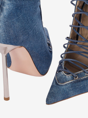 ブラックニーハイブーツ レディース ポインテッドトゥ カットアウト レースアップ ハイヒールブーツ