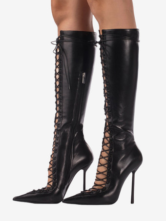 ブラック ブラックニーハイブーツ レディース ポインテッドトゥ カットアウト レースアップ ハイヒールブーツ