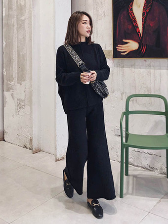 ブラック カジュアル セットアップ ハイネック ディープアプリコット 長袖 シンプル レディースファッション