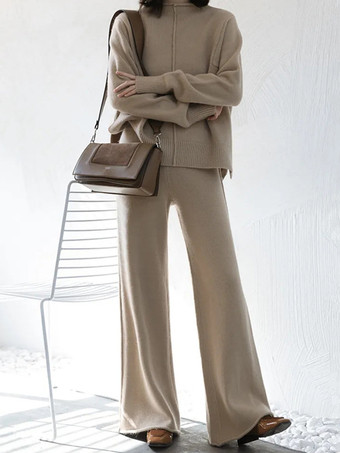 ディープアプリコットカジュアル セットアップ ハイネック ディープアプリコット 長袖 シンプル レディースファッション