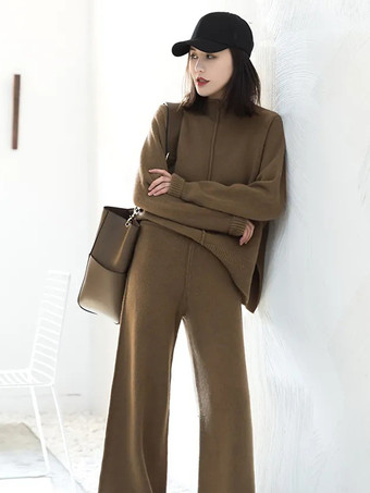 カジュアル セットアップ ハイネック ディープアプリコット 長袖 シンプル レディースファッション