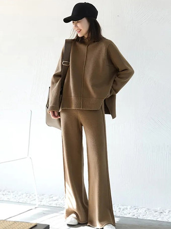 ブラウン カジュアル セットアップ ハイネック ディープアプリコット 長袖 シンプル レディースファッション