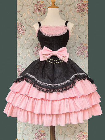 ブラック クラシックゴシックロリータドレス リボン ノースリーブ カラーブロック バーガンディ ジャンパードレス
