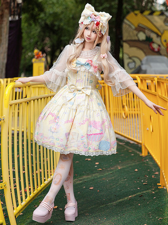スイートロリータドレス ノースリーブ リボン ジャンパー スイート おとぎ話風 イエロードレス