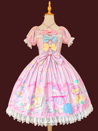 RosaSüßes Lolita-Kleid ärmellos mit Schleifen süßes gelbes Märchenkleid