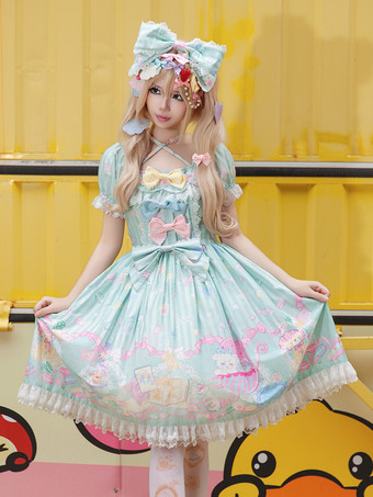 Süßes Lolita-Kleid ärmellos mit Schleifen süßes gelbes Märchenkleid