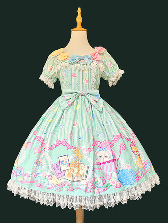 Mintgrün      Süßes Lolita-Kleid ärmellos mit Schleifen süßes gelbes Märchenkleid