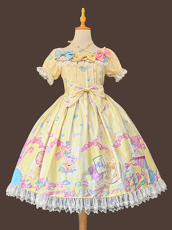 GelbSüßes Lolita-Kleid ärmellos mit Schleifen süßes gelbes Märchenkleid