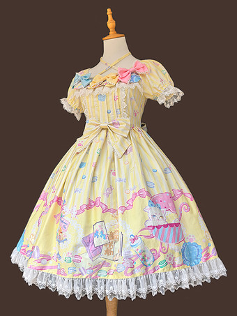 Süßes Lolita-Kleid ärmellos mit Schleifen süßes gelbes Märchenkleid