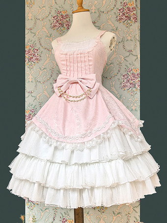 ピンククラシックゴシックロリータドレス リボン ノースリーブ カラーブロック バーガンディ ジャンパードレス