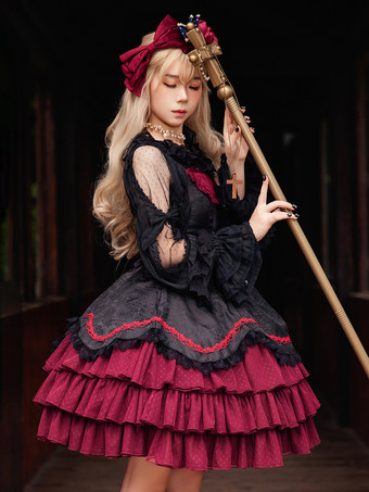 クラシックゴシックロリータドレス リボン ノースリーブ カラーブロック バーガンディ ジャンパードレス