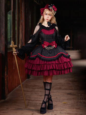 ワインレッド クラシックゴシックロリータドレス リボン ノースリーブ カラーブロック バーガンディ ジャンパードレス