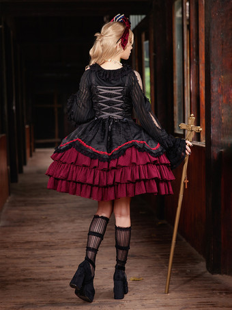クラシックゴシックロリータドレス リボン ノースリーブ カラーブロック バーガンディ ジャンパードレス