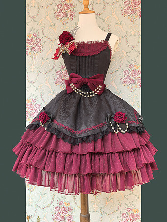 クラシックゴシックロリータドレス リボン ノースリーブ カラーブロック バーガンディ ジャンパードレス