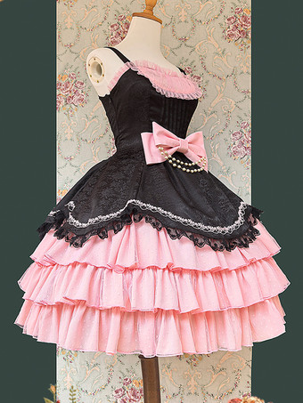 クラシックゴシックロリータドレス リボン ノースリーブ カラーブロック バーガンディ ジャンパードレス