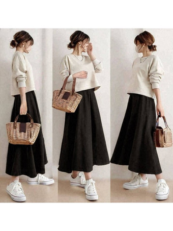 ブラック カジュアル セットアップ ラウンドネック グレイ 長袖 スカート バイカラー シンプル レディースファッション