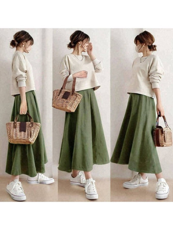 グリーン カジュアル セットアップ ラウンドネック グレイ 長袖 スカート バイカラー シンプル レディースファッション