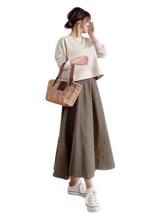 カジュアル セットアップ ラウンドネック グレイ 長袖 スカート バイカラー シンプル レディースファッション