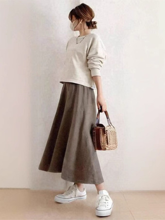 カジュアル セットアップ ラウンドネック グレイ 長袖 スカート バイカラー シンプル レディースファッション