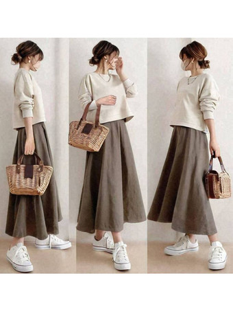 グレイカジュアル セットアップ ラウンドネック グレイ 長袖 スカート バイカラー シンプル レディースファッション
