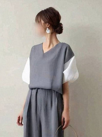 カジュアル セットアップ Vネック グレイ 五分袖 ワイドレッグ バイカラー シンプル レディースファッション