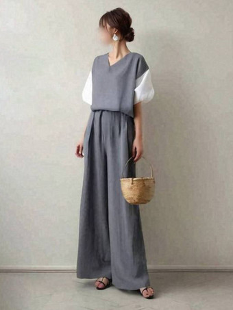 グレイカジュアル セットアップ Vネック グレイ 五分袖 ワイドレッグ バイカラー シンプル レディースファッション