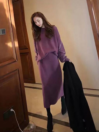 カジュアル セットアップ ラウンドネック カーキ 長袖 無地 シンプル レディースファッション