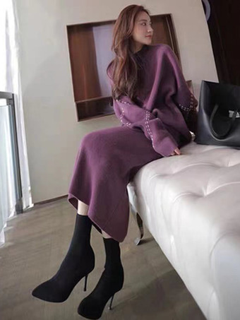 パープル カジュアル セットアップ ラウンドネック カーキ 長袖 無地 シンプル レディースファッション