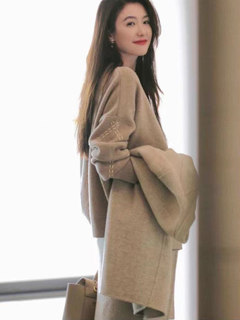 カジュアル セットアップ ラウンドネック カーキ 長袖 無地 シンプル レディースファッション