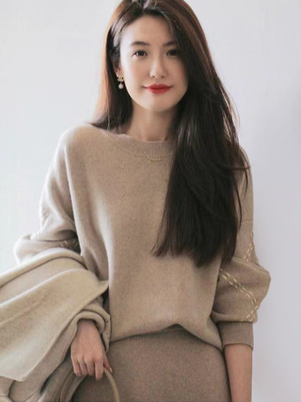 カジュアル セットアップ ラウンドネック カーキ 長袖 無地 シンプル レディースファッション