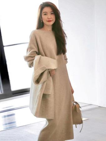 カジュアル セットアップ ラウンドネック カーキ 長袖 無地 シンプル レディースファッション