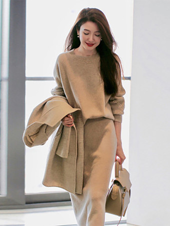 カーキ カジュアル セットアップ ラウンドネック カーキ 長袖 無地 シンプル レディースファッション