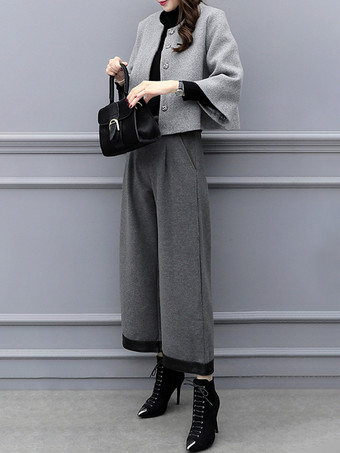 カジュアル セットアップ ラウンドネック グレイ 長袖 セット バイカラー カジュアル ボタン レディースファッション