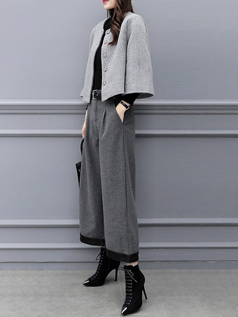 カジュアル セットアップ ラウンドネック グレイ 長袖 セット バイカラー カジュアル ボタン レディースファッション