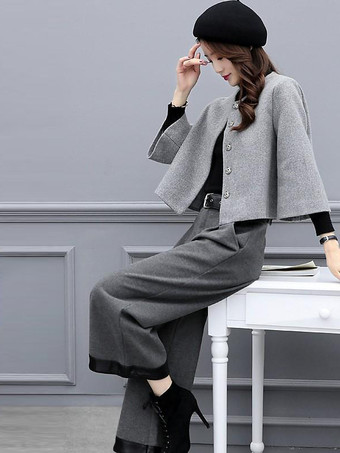 カジュアル セットアップ ラウンドネック グレイ 長袖 セット バイカラー カジュアル ボタン レディースファッション