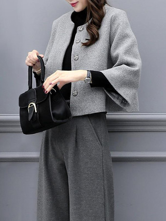 カジュアル セットアップ ラウンドネック グレイ 長袖 セット バイカラー カジュアル ボタン レディースファッション